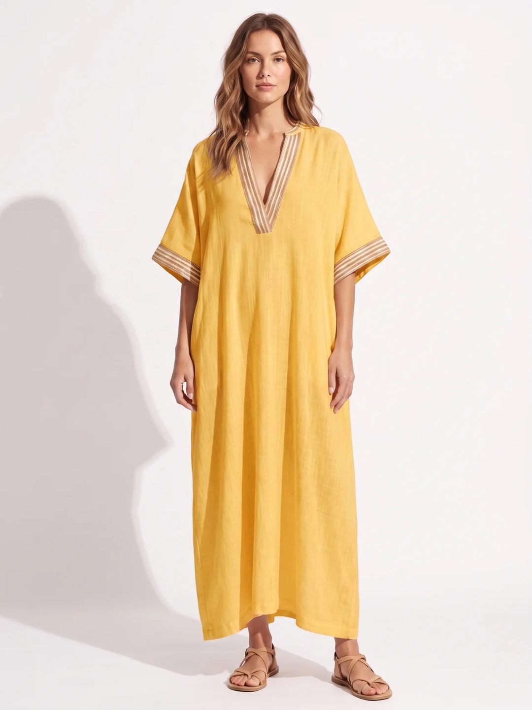 Solange | Contrast Trim V-Neck Kaftan Maxi Dress