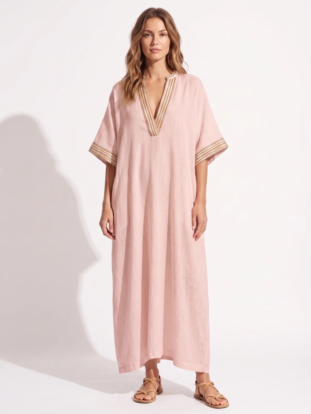 Solange | Contrast Trim V-Neck Kaftan Maxi Dress