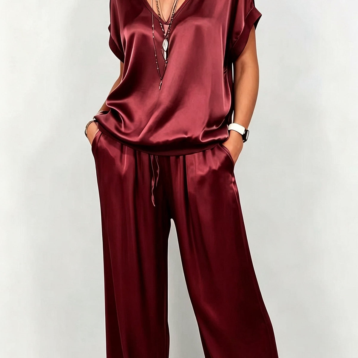 Wren | Satin V-Neck Top and Wide-Leg Pants Set