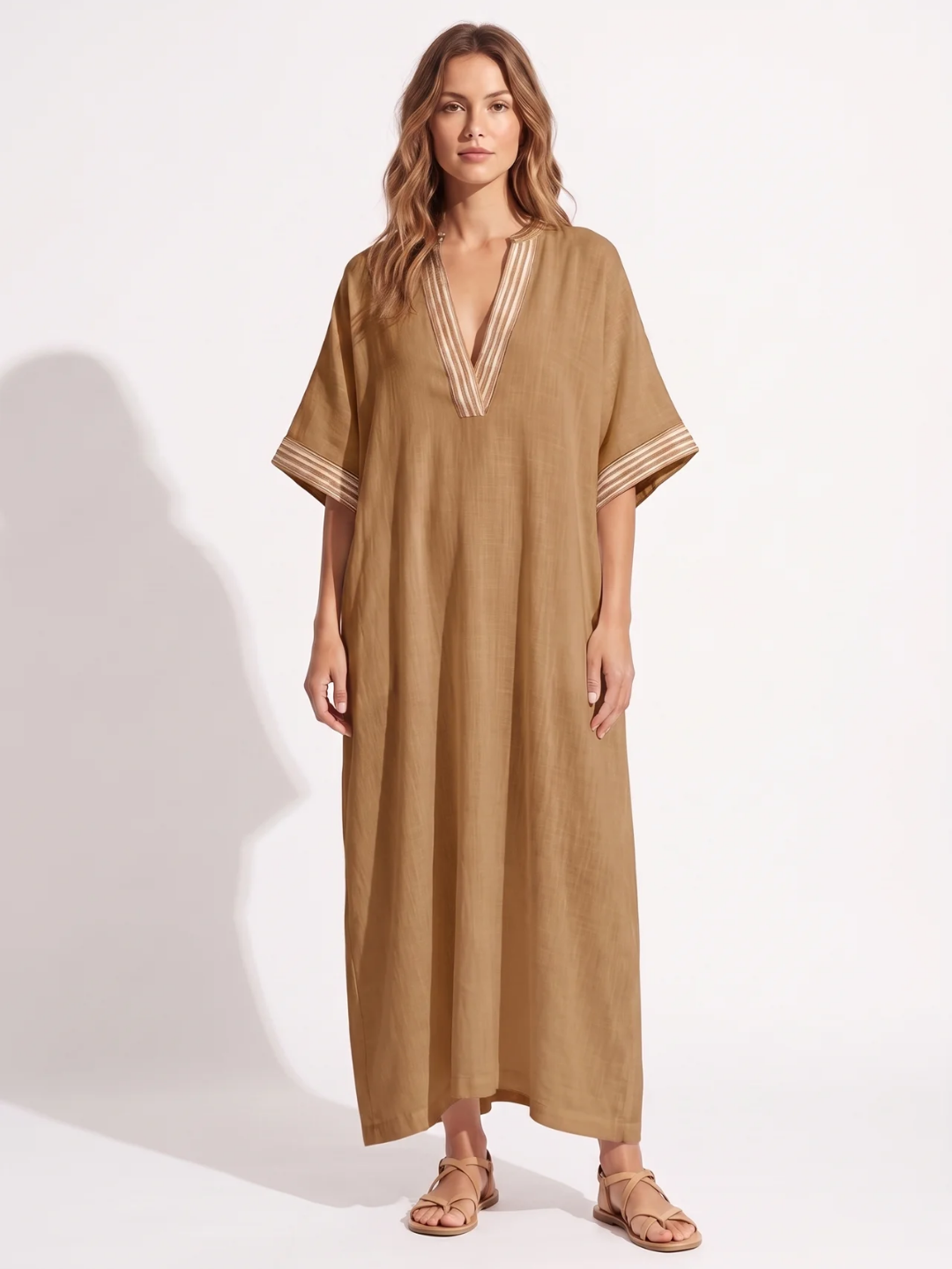 Solange | Contrast Trim V-Neck Kaftan Maxi Dress