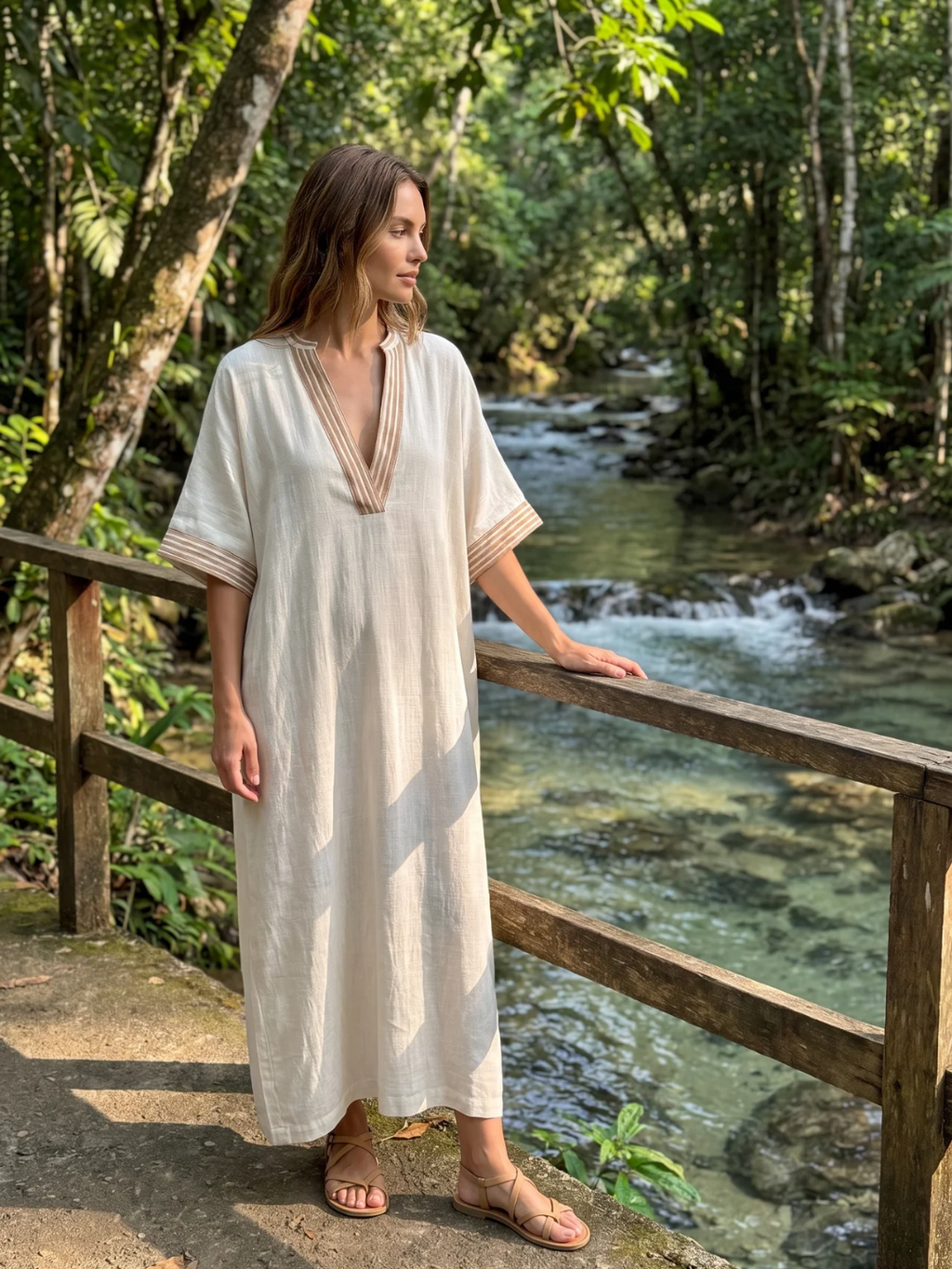 Solange | Contrast Trim V-Neck Kaftan Maxi Dress