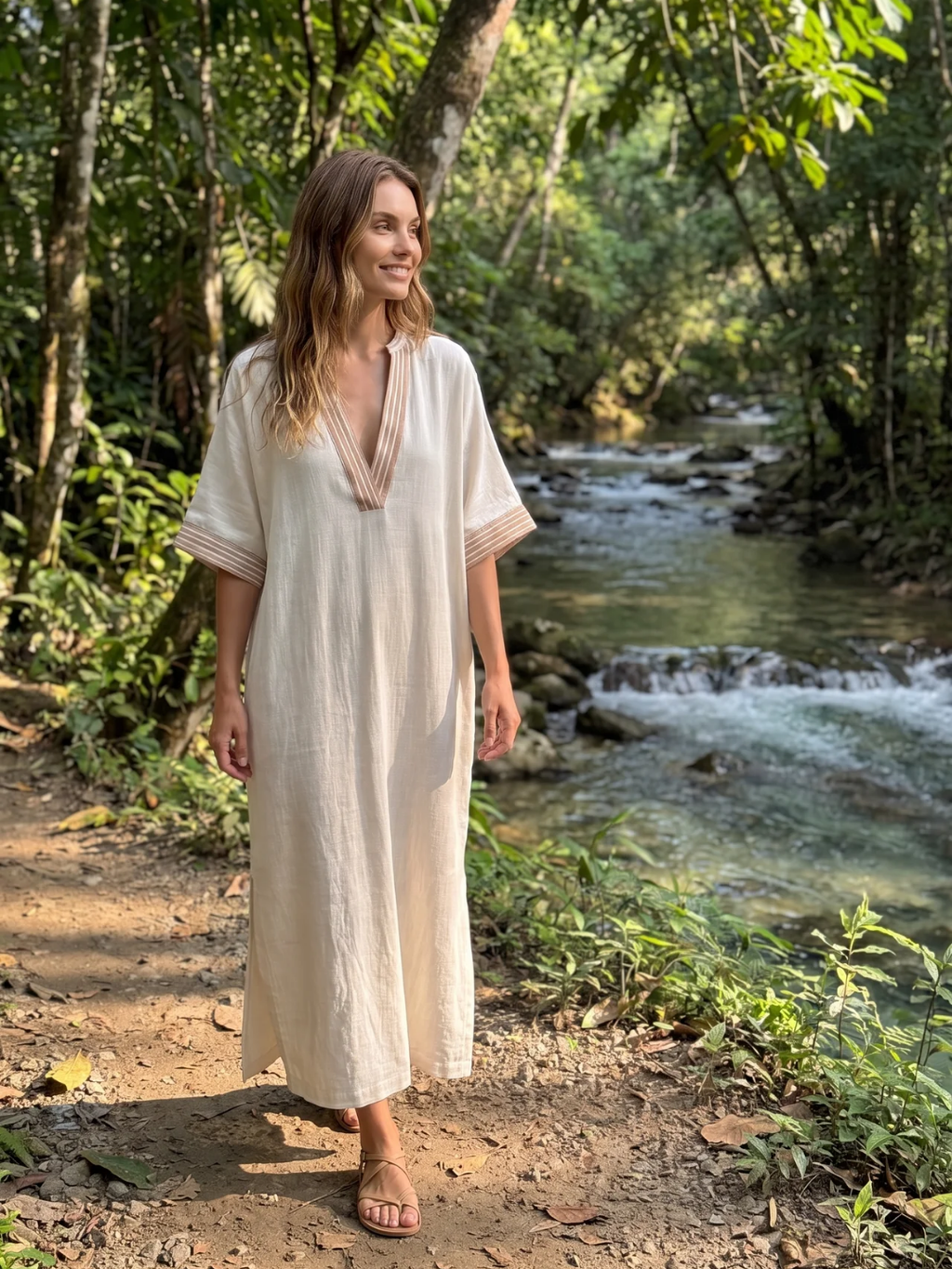 Solange | Contrast Trim V-Neck Kaftan Maxi Dress
