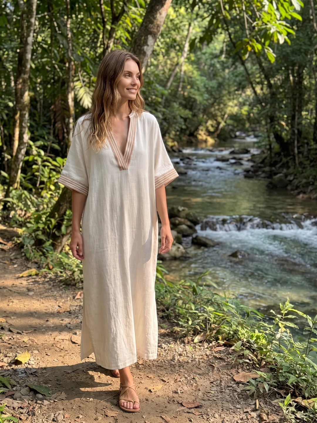 Solange | Contrast Trim V-Neck Kaftan Maxi Dress