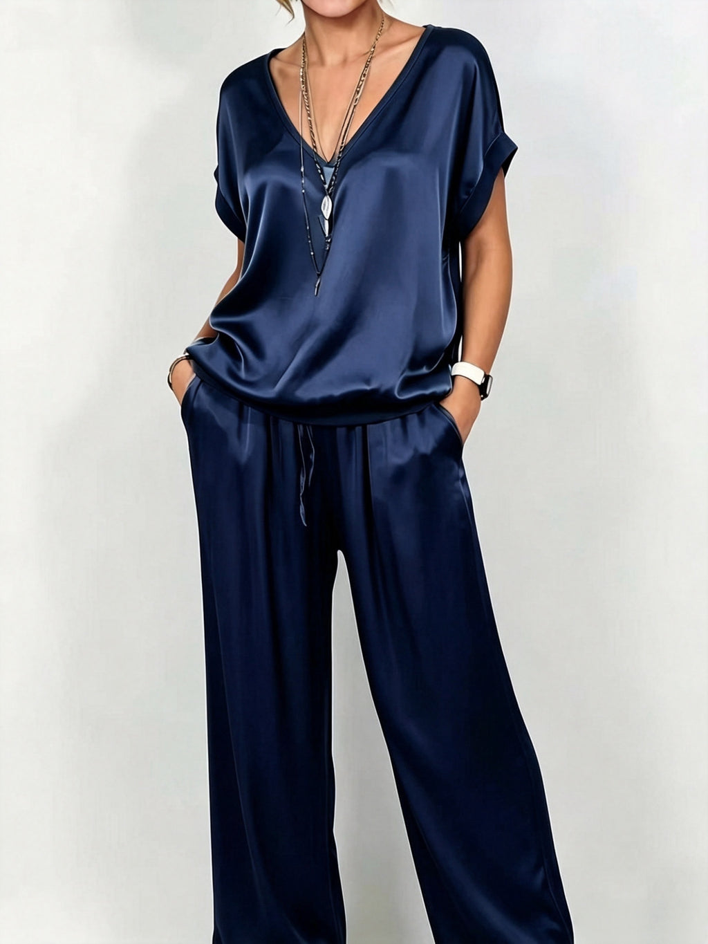 Wren | Satin V-Neck Top and Wide-Leg Pants Set