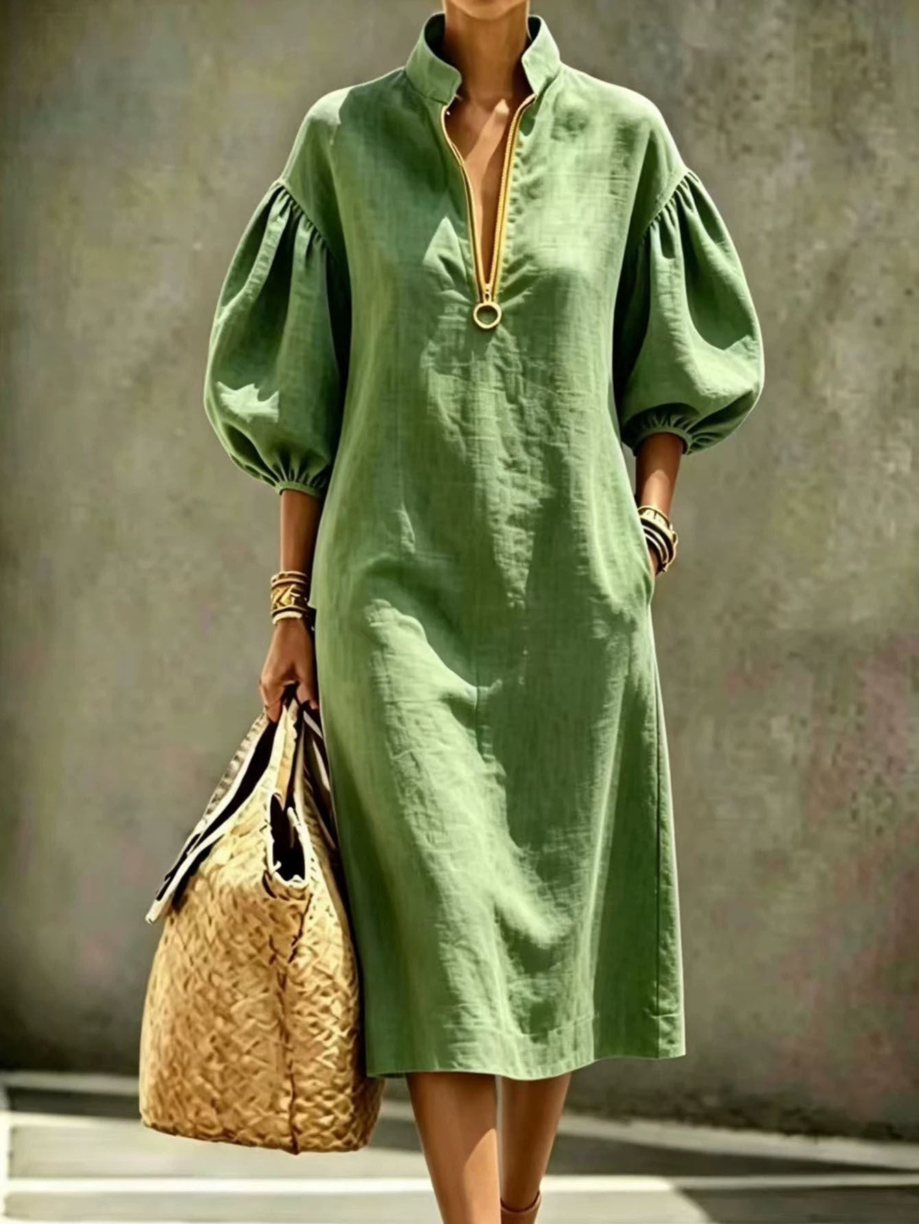 Palmer | Stand Collar Half-Zip Puff Sleeve Midi Dress