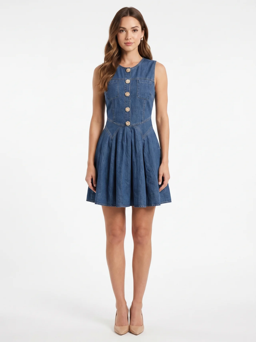 Georgiana | Jewel Button Fit-and-Flare Denim Mini Dress