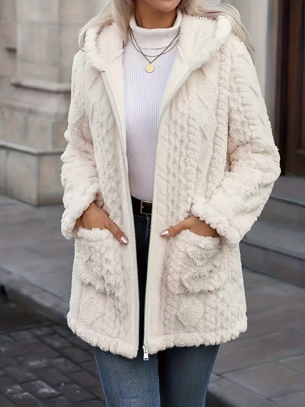 Hazel | Plush Zip Up Hooded Mid Length Coat - front view