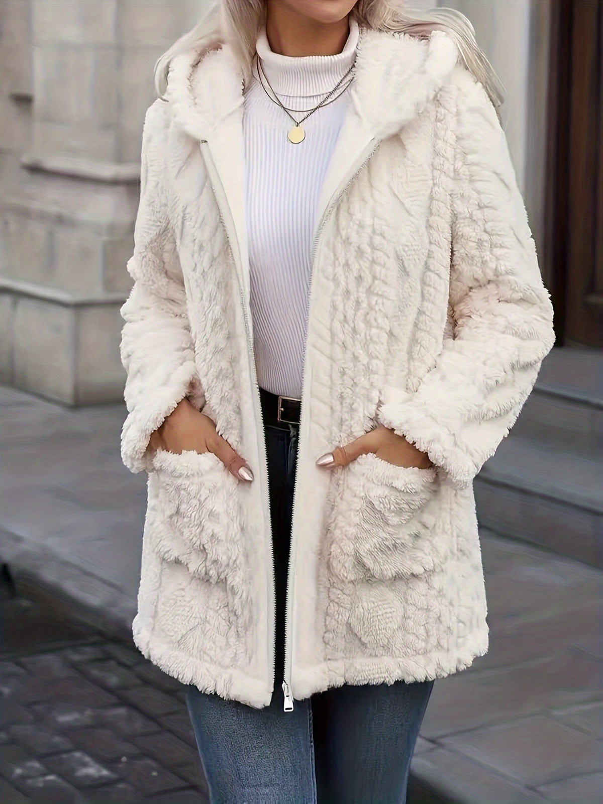 Hazel | Plush Zip Up Hooded Mid Length Coat - front view