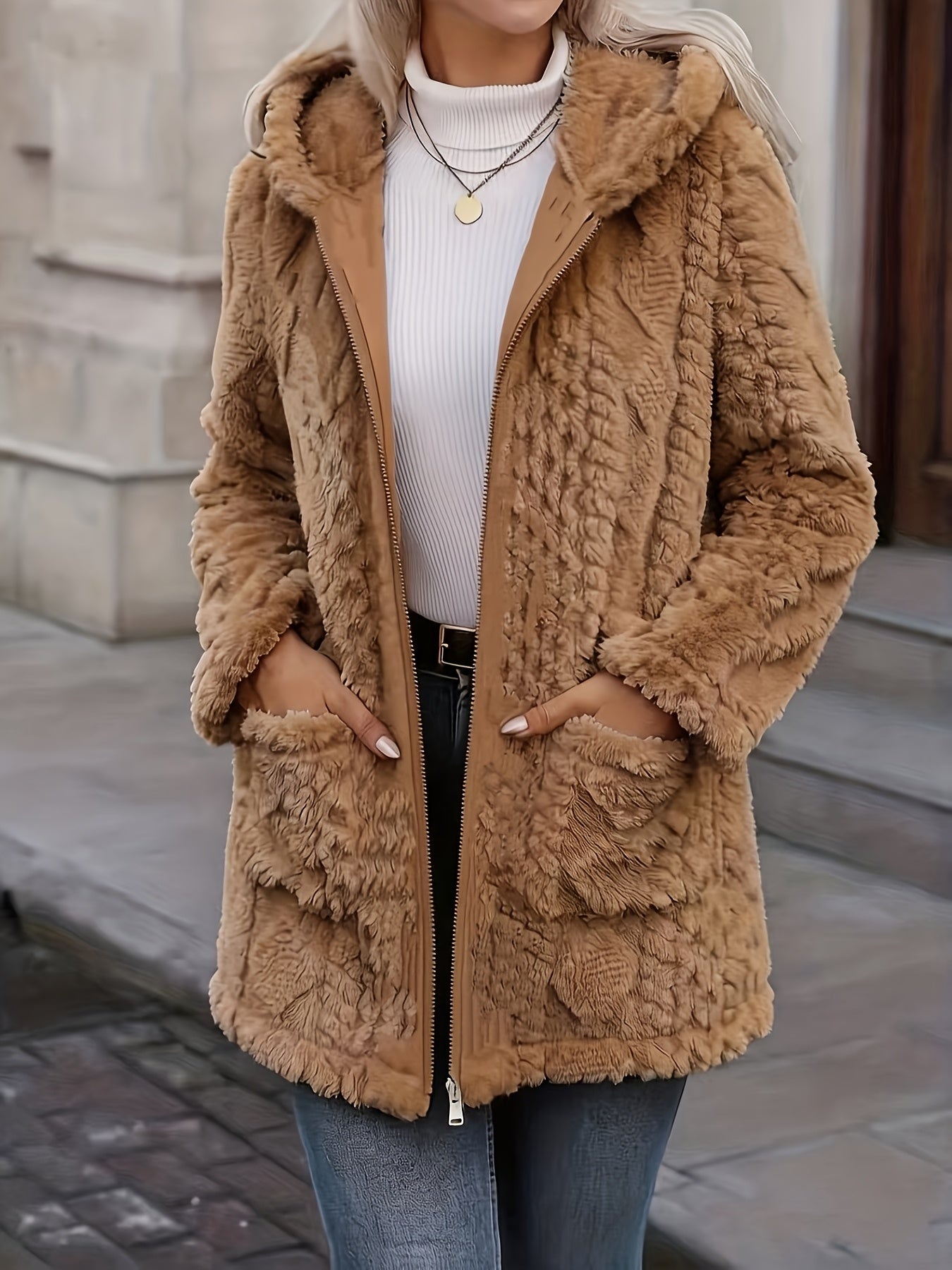 Hazel | Plush Zip Up Hooded Mid Length Coat - view 3