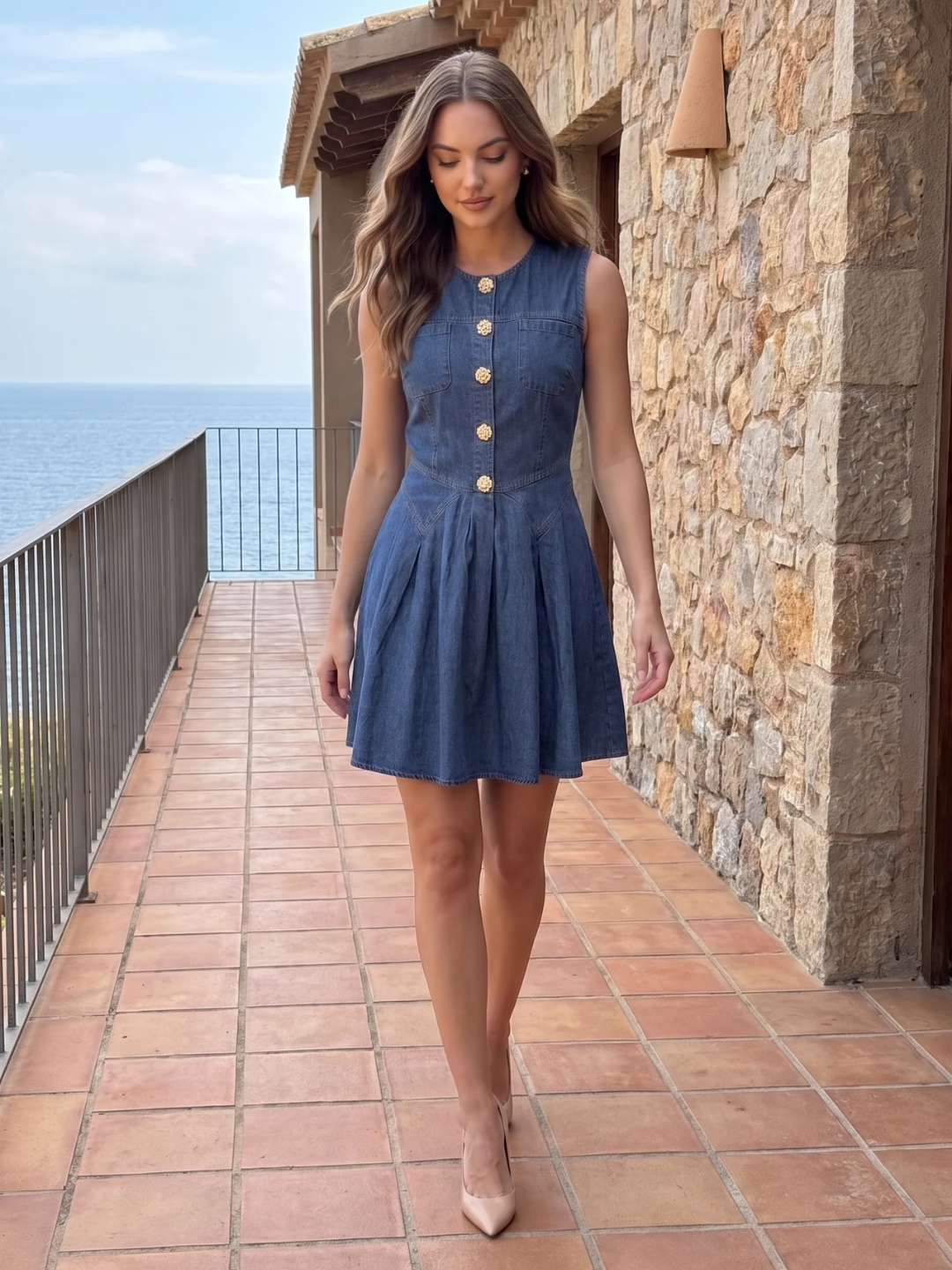 Georgiana | Jewel Button Fit-and-Flare Denim Mini Dress
