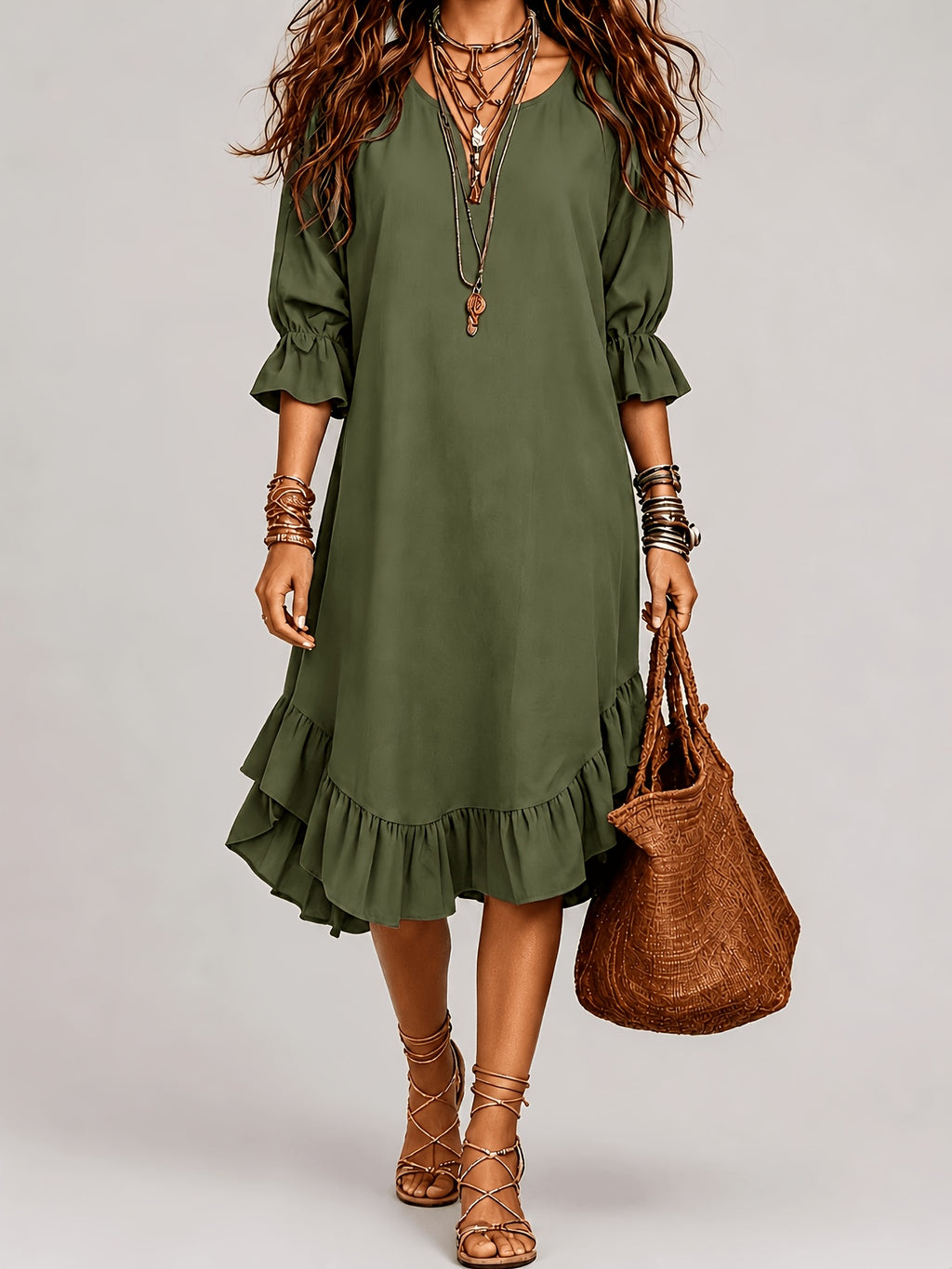 Blakely | Ruffle Sleeve V-Neck Midi Dress