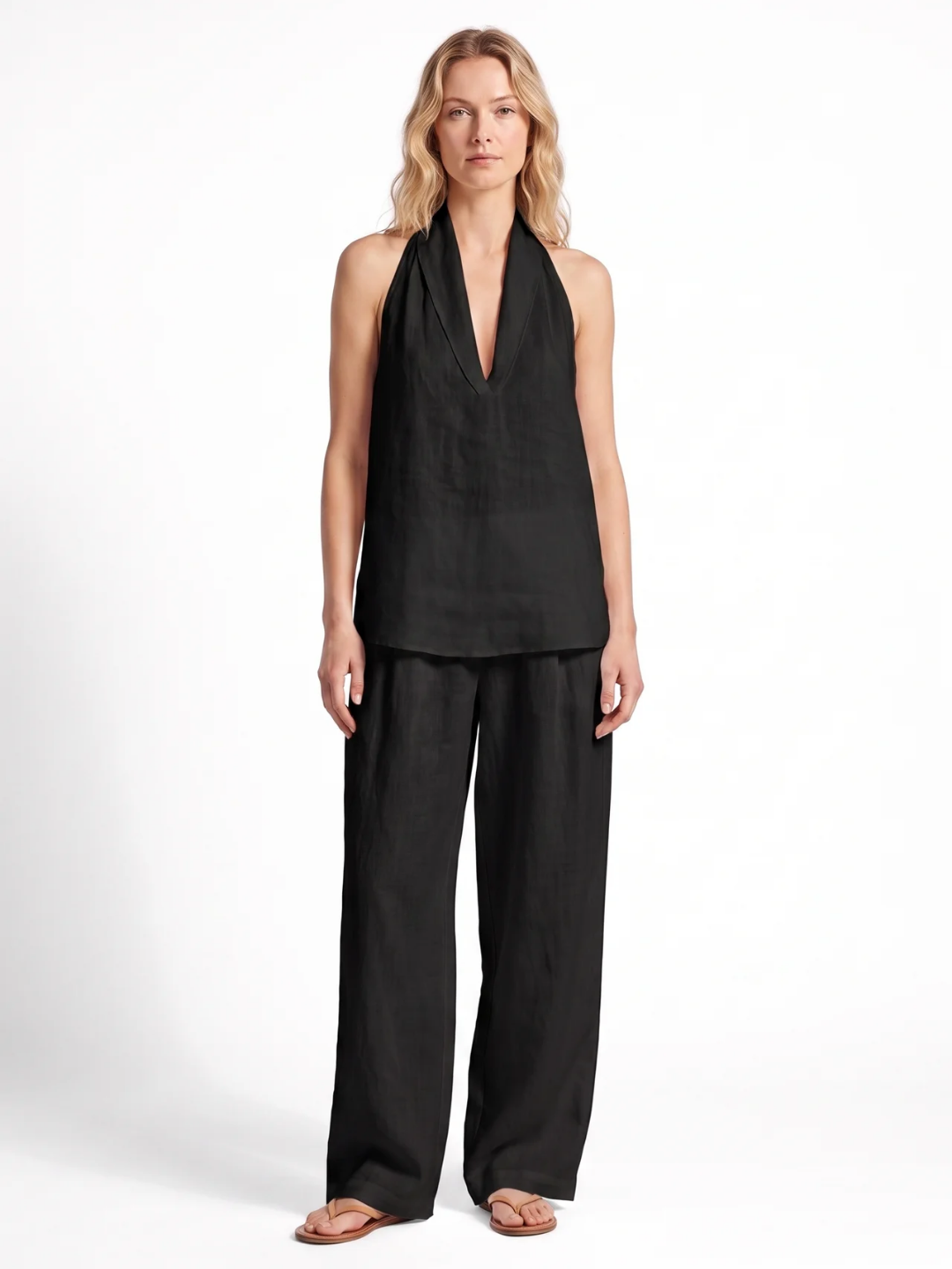 Ines | Halter V-Neck Wide-Leg Two-Piece Set