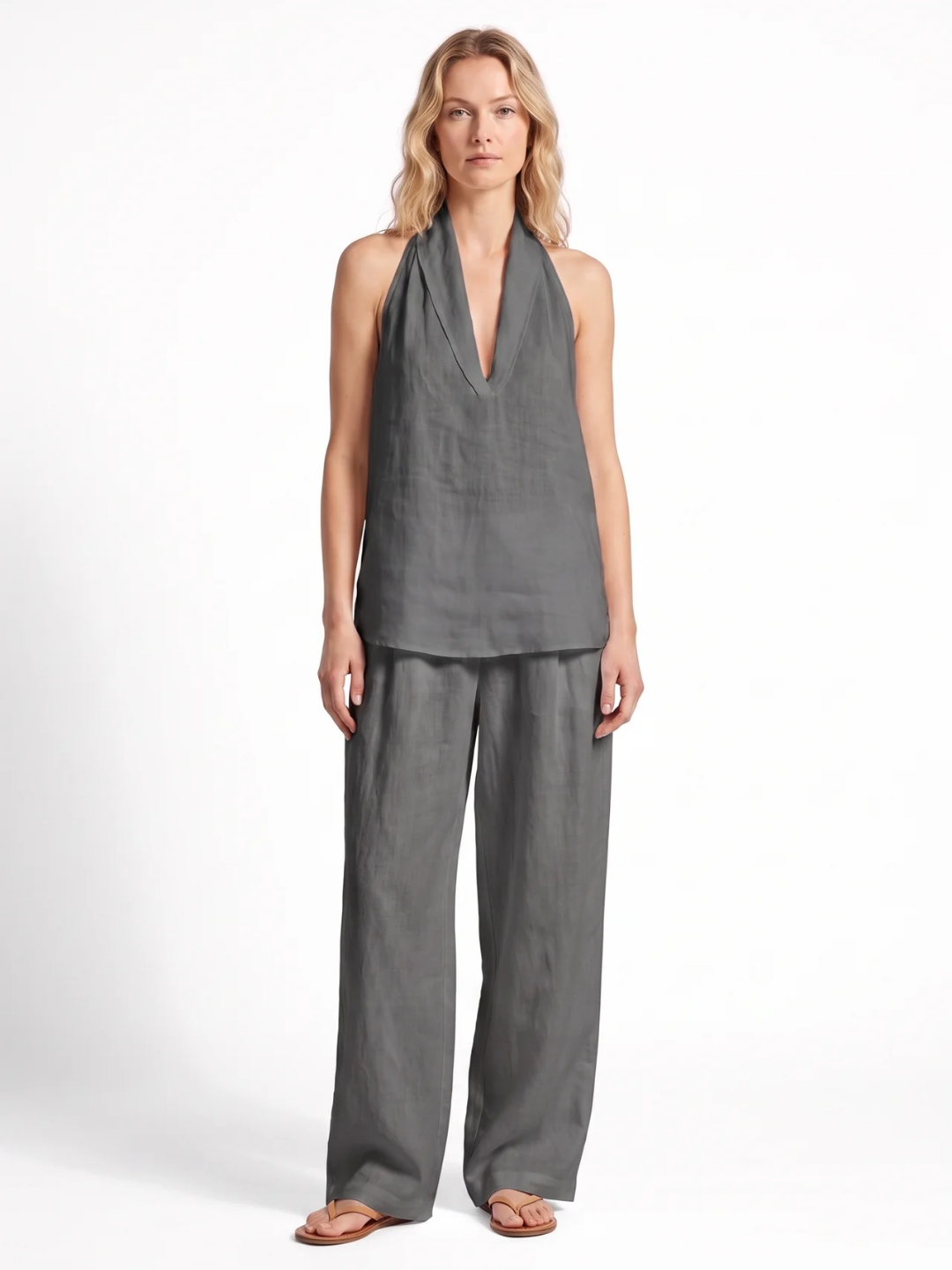 Ines | Halter V-Neck Wide-Leg Two-Piece Set