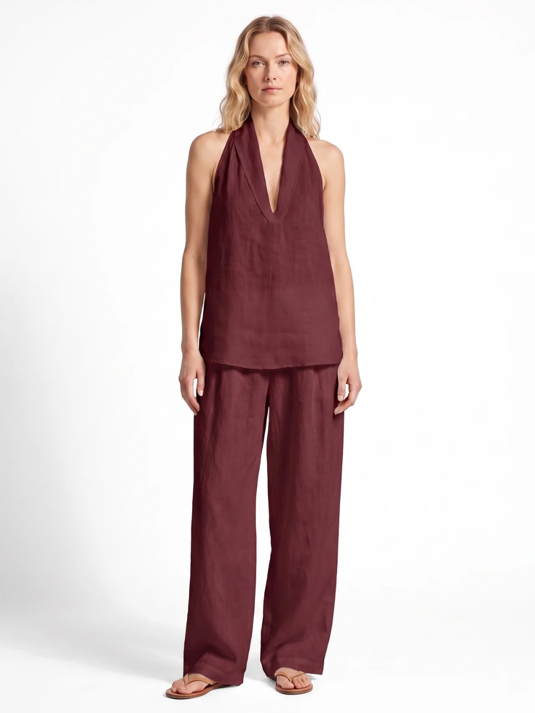 Ines | Halter V-Neck Wide-Leg Two-Piece Set