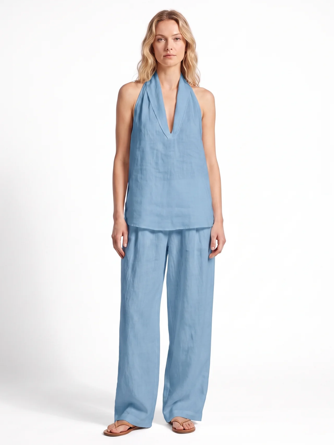 Ines | Halter V-Neck Wide-Leg Two-Piece Set