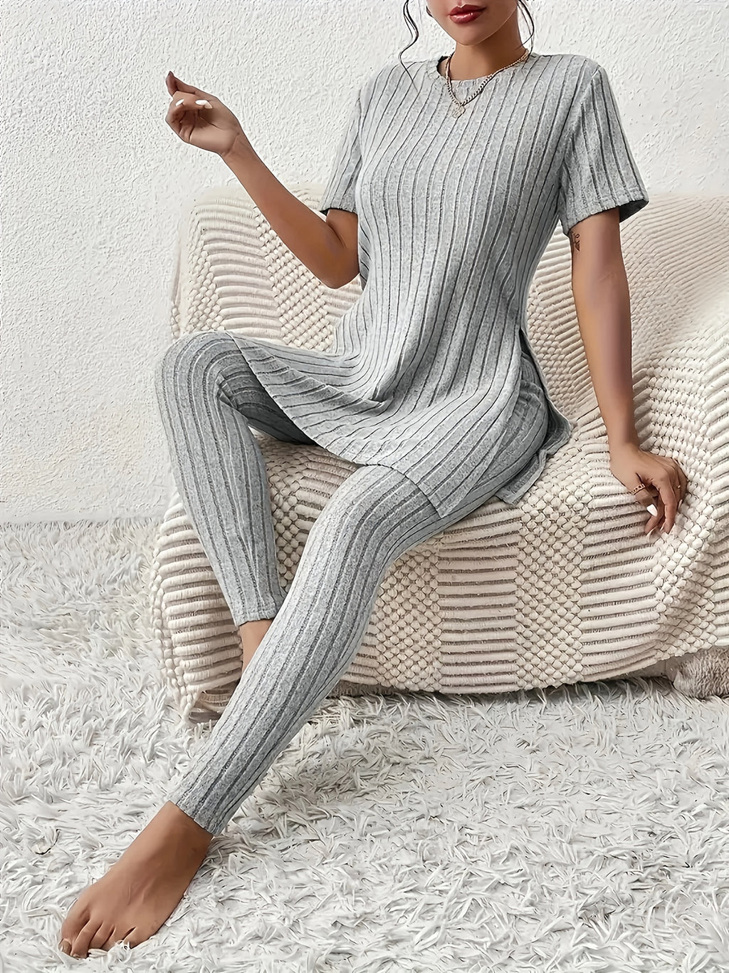 Noor | Striped Short Sleeve Lounge Set - view 3