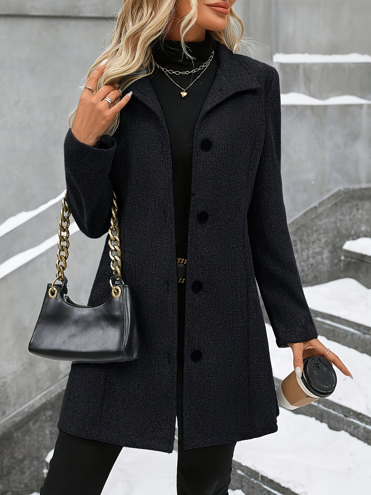 Verena | Stand Collar Textured Overcoat - view 8