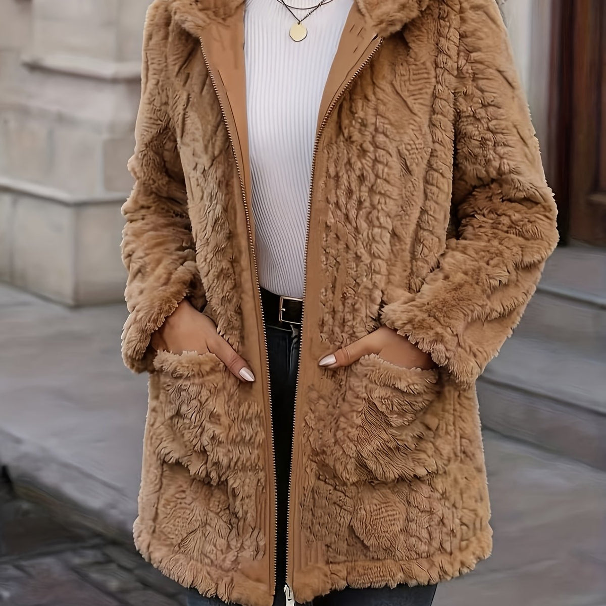 Hazel | Plush Zip Up Hooded Mid Length Coat - view 14