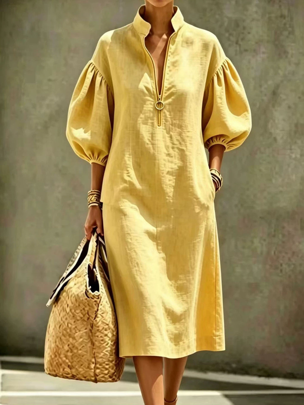 Palmer | Stand Collar Half-Zip Puff Sleeve Midi Dress