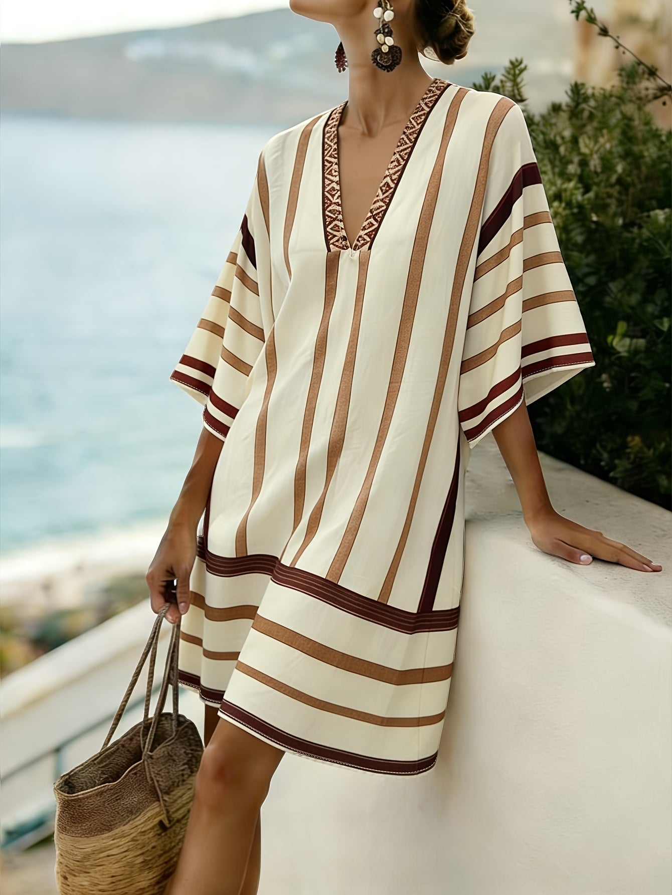 Collins | Striped Print V-Neck Boho Dress