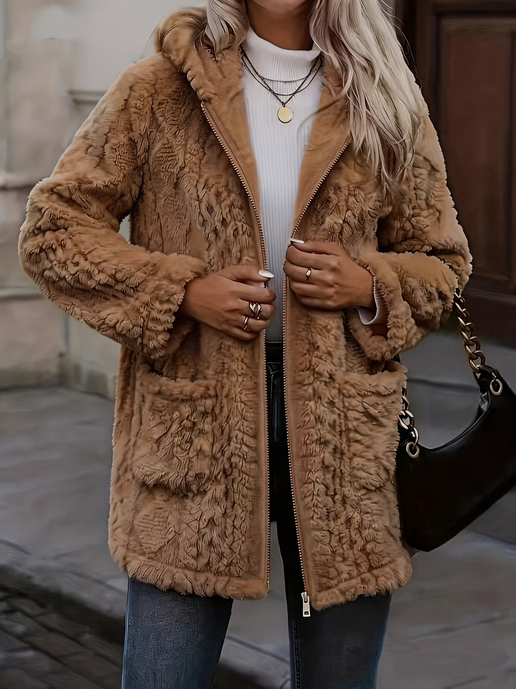 Hazel | Plush Zip Up Hooded Mid Length Coat - view 11
