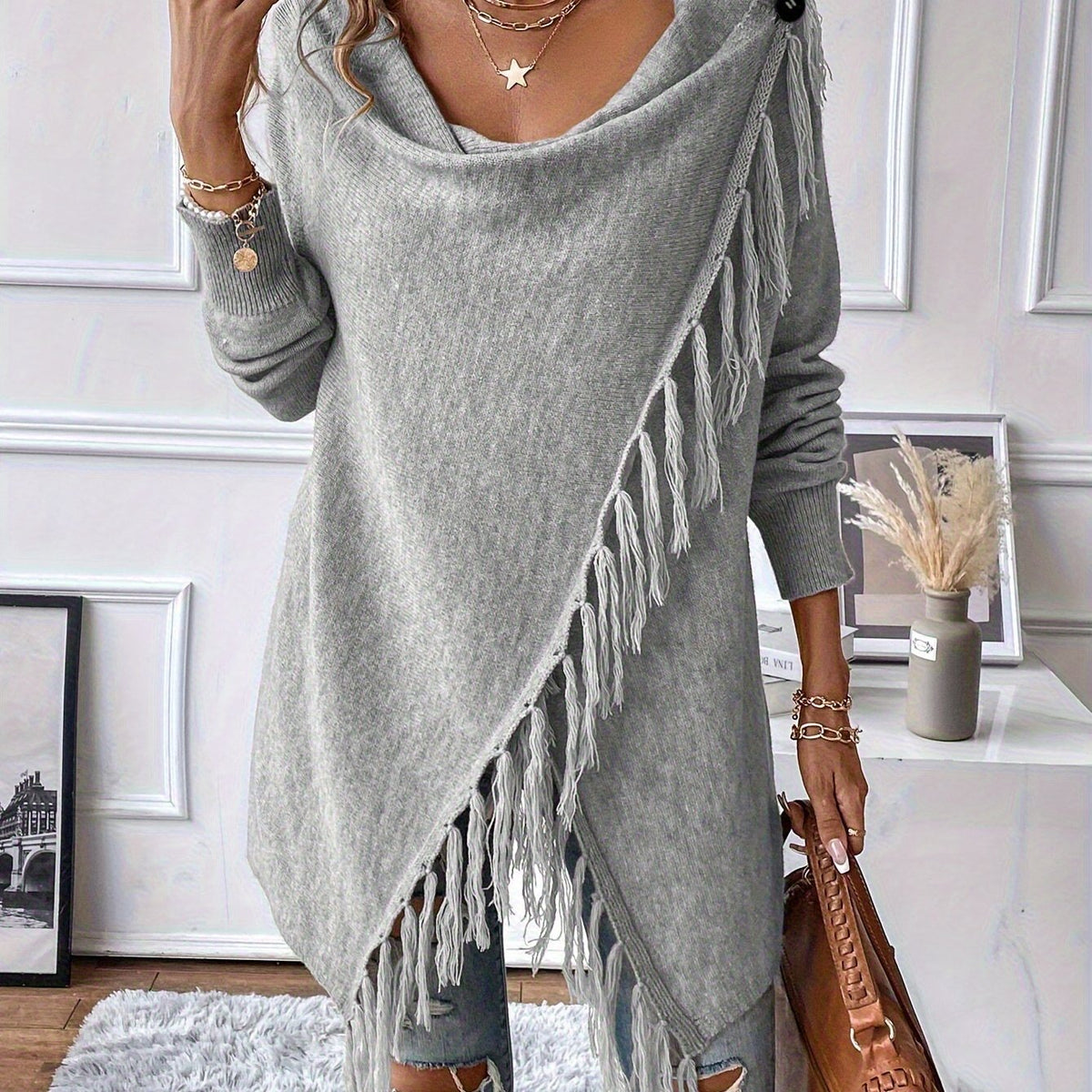 Seraphine | Fringed Draped Neck Shawl - view 12