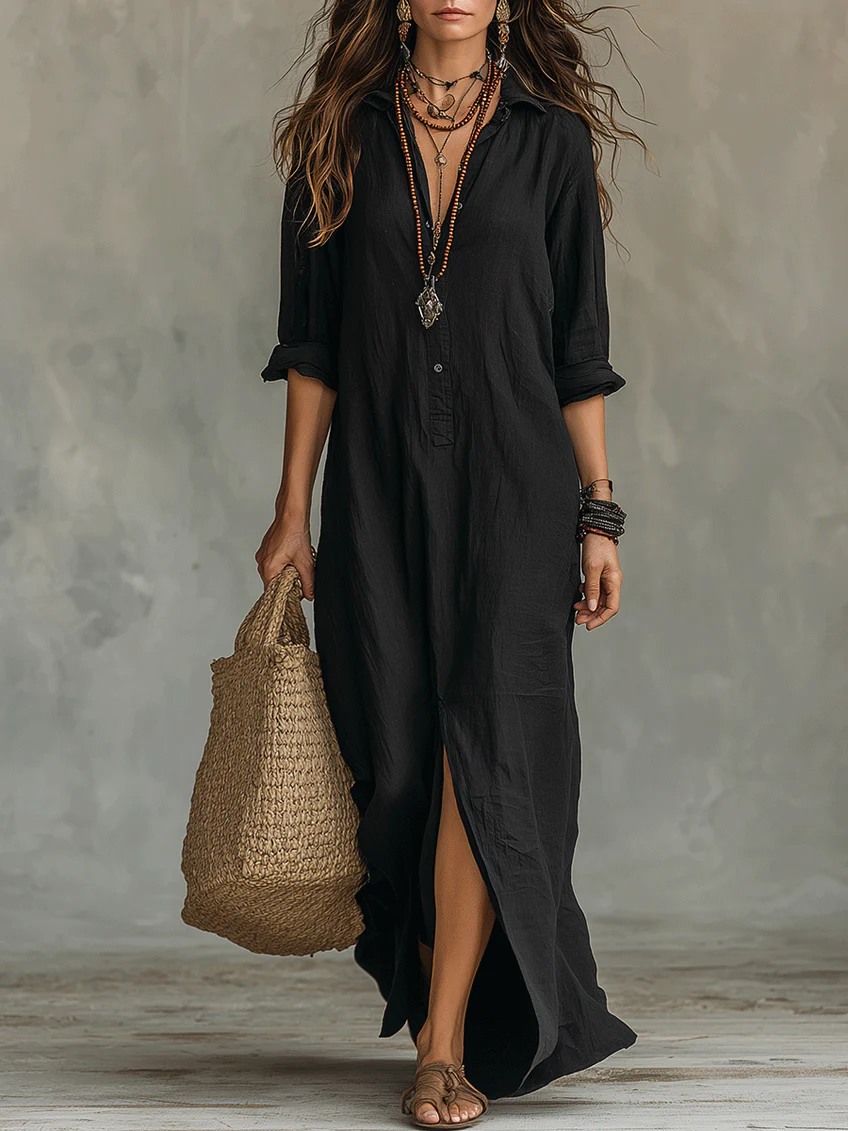 Eleanor Women's Relaxed V-Neck Maxi Shirt Dress