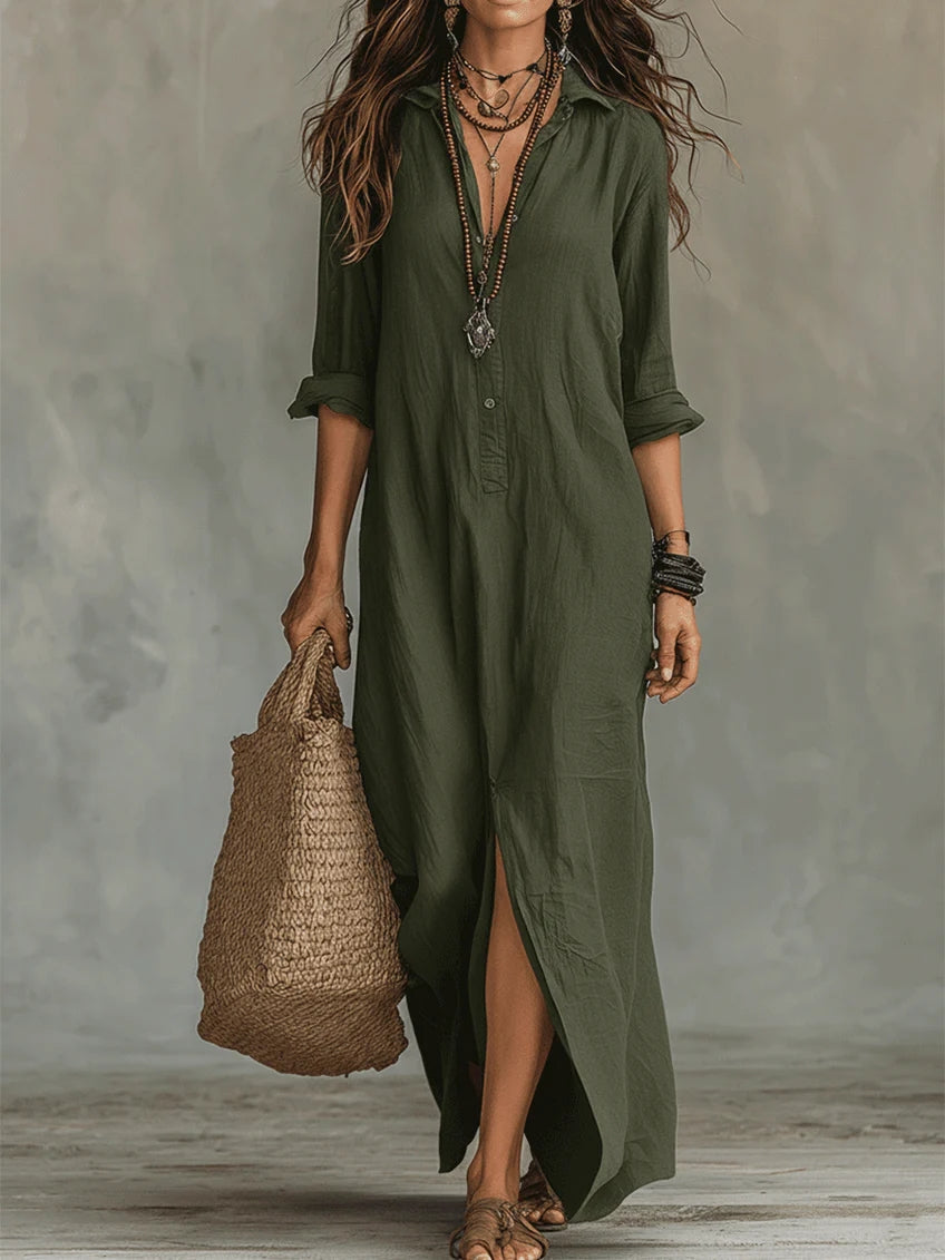 Eleanor Women's Relaxed V-Neck Maxi Shirt Dress