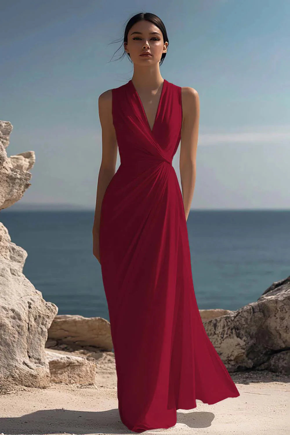 Wren Women's Ruched Chiffon V-Neck Maxi Dress