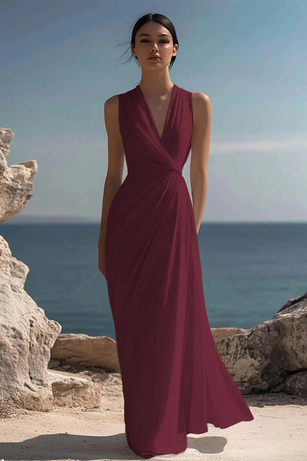 Wren Women's Ruched Chiffon V-Neck Maxi Dress