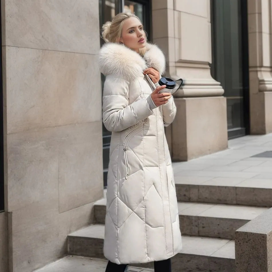 Cora | High Collar Long Quilted Puffer Coat - front view