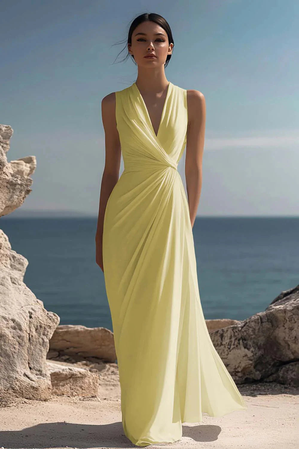 Wren Women's Ruched Chiffon V-Neck Maxi Dress