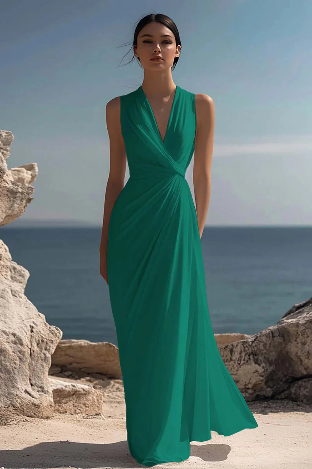 Wren Women's Ruched Chiffon V-Neck Maxi Dress