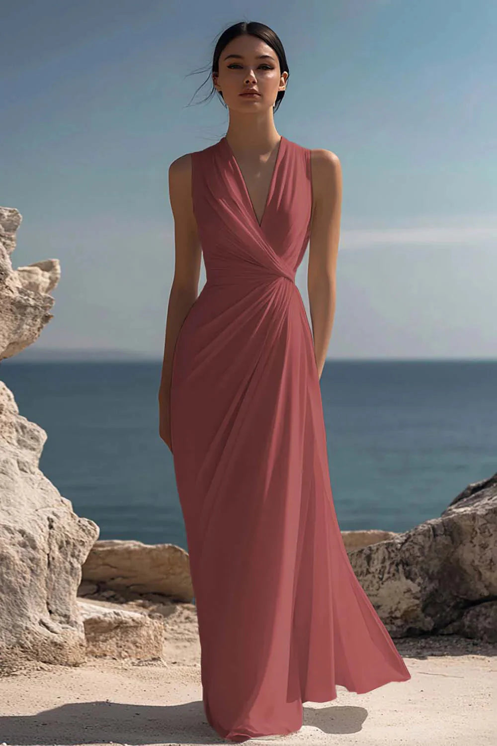 Wren Women's Ruched Chiffon V-Neck Maxi Dress