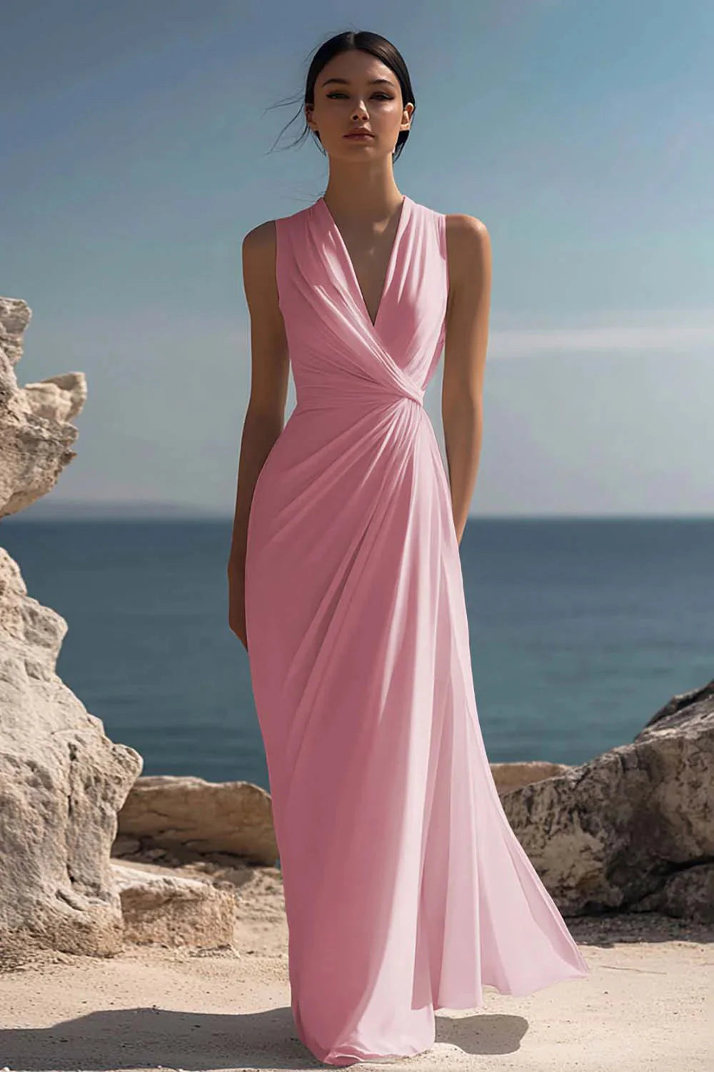 Wren Women's Ruched Chiffon V-Neck Maxi Dress