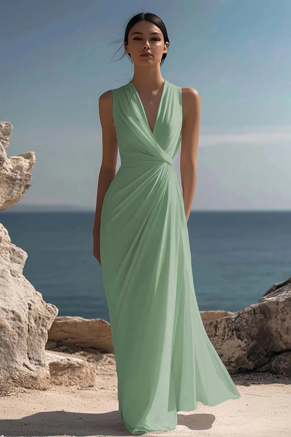 Wren Women's Ruched Chiffon V-Neck Maxi Dress