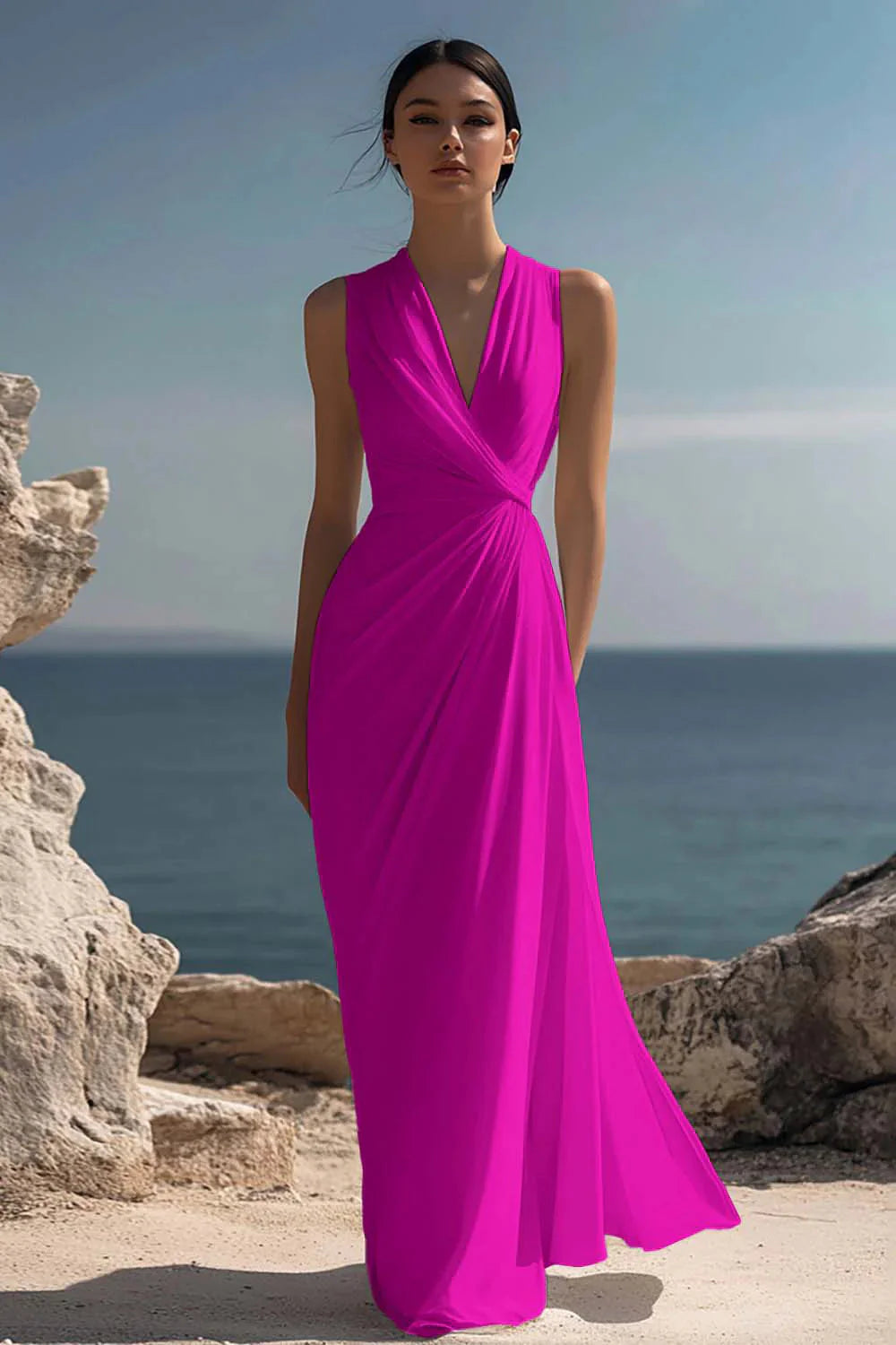 Wren Women's Ruched Chiffon V-Neck Maxi Dress