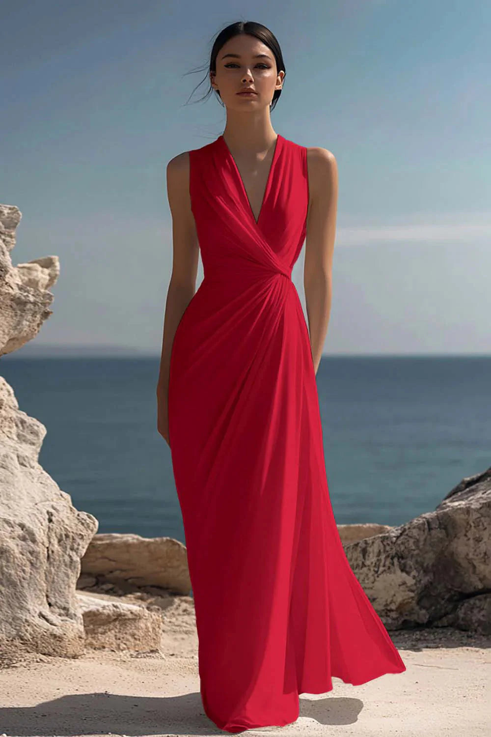 Wren Women's Ruched Chiffon V-Neck Maxi Dress