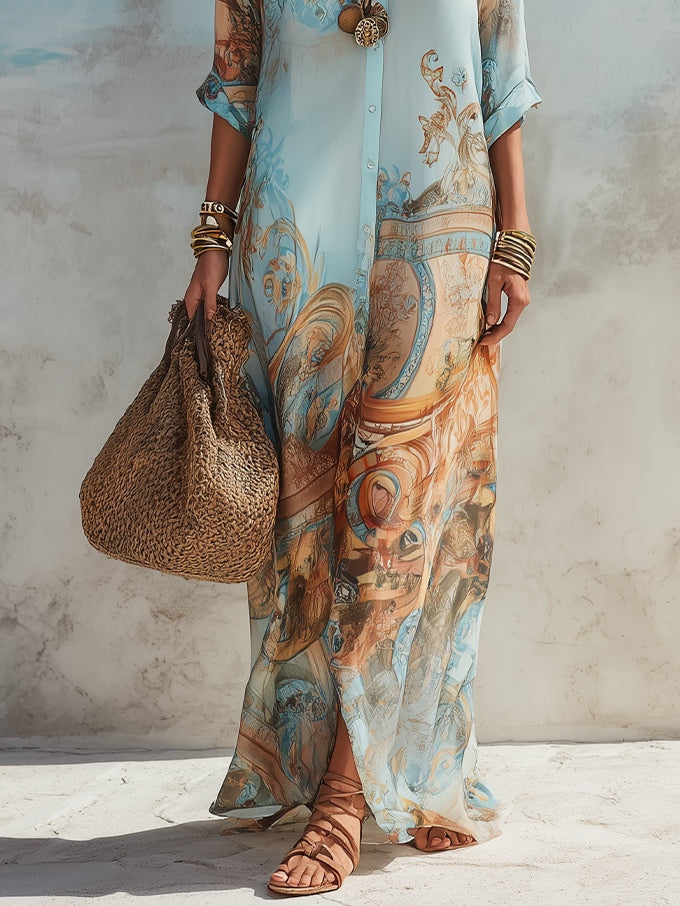 Savannah Women's Printed Boho Maxi Shirt Dress