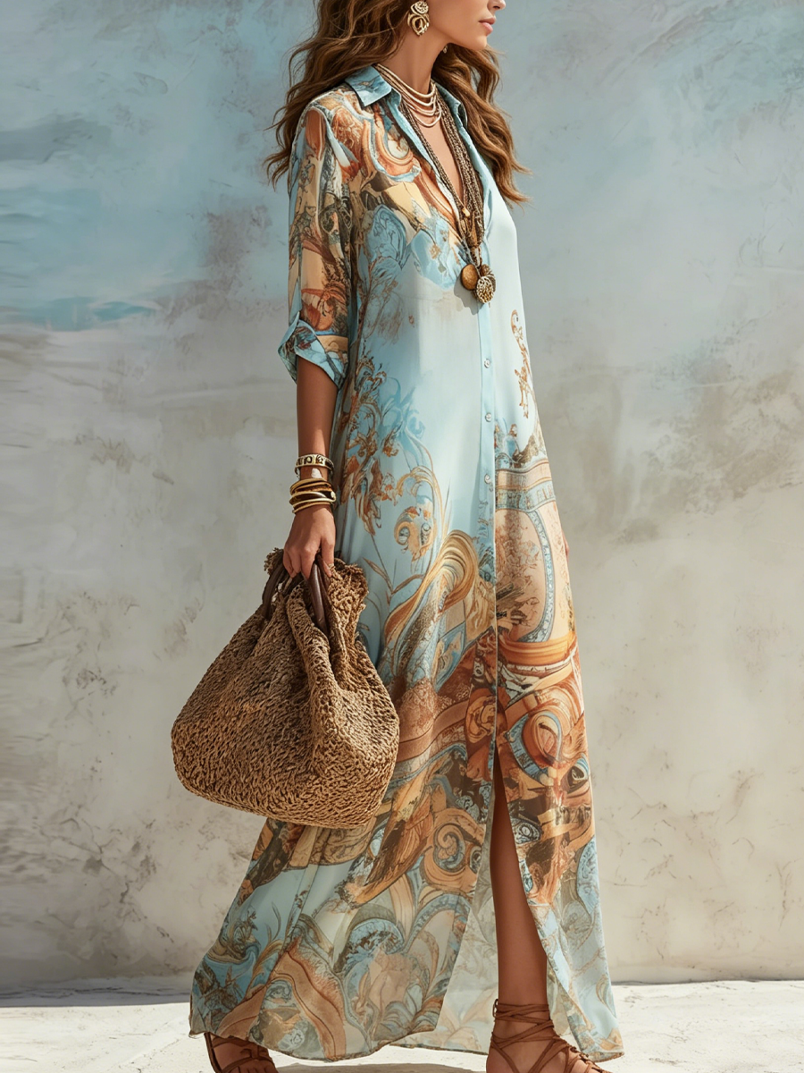 Savannah Women's Printed Boho Maxi Shirt Dress