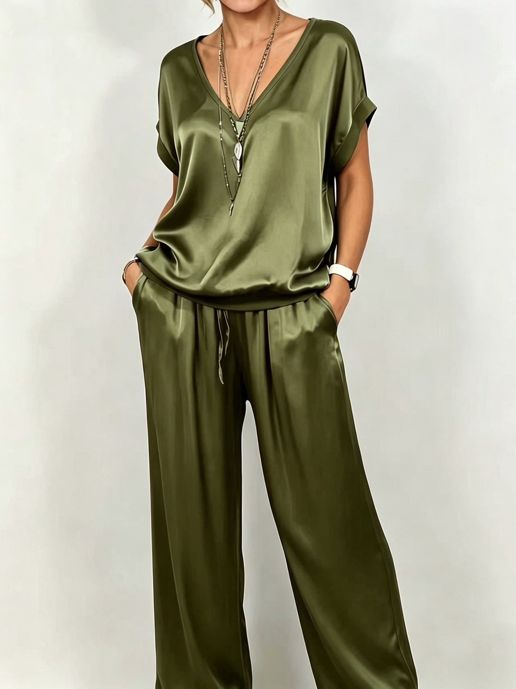Wren | Satin V-Neck Top and Wide-Leg Pants Set