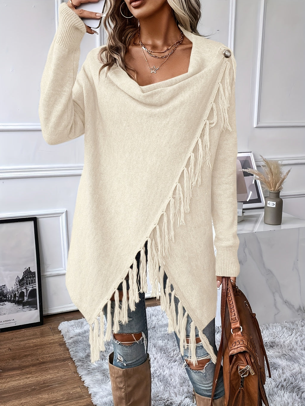 Seraphine | Fringed Draped Neck Shawl - view 6