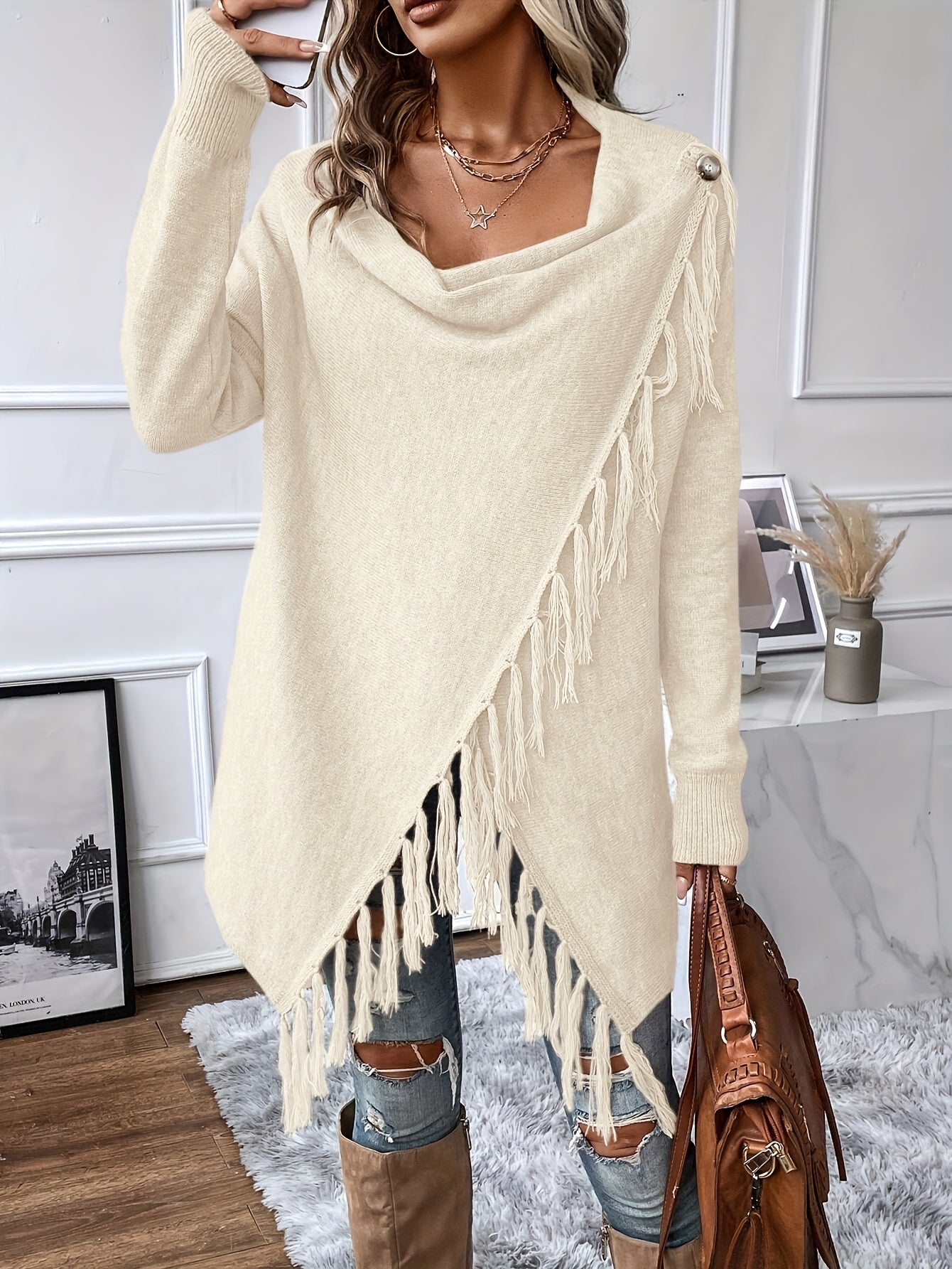 Seraphine | Fringed Draped Neck Shawl - view 6