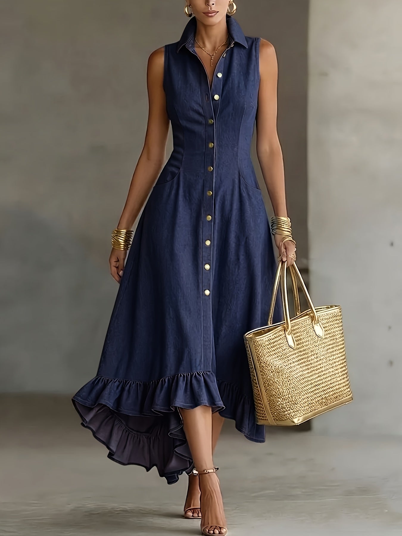 Hollis | Denim-Look Lapel Button-Up Midi Dress