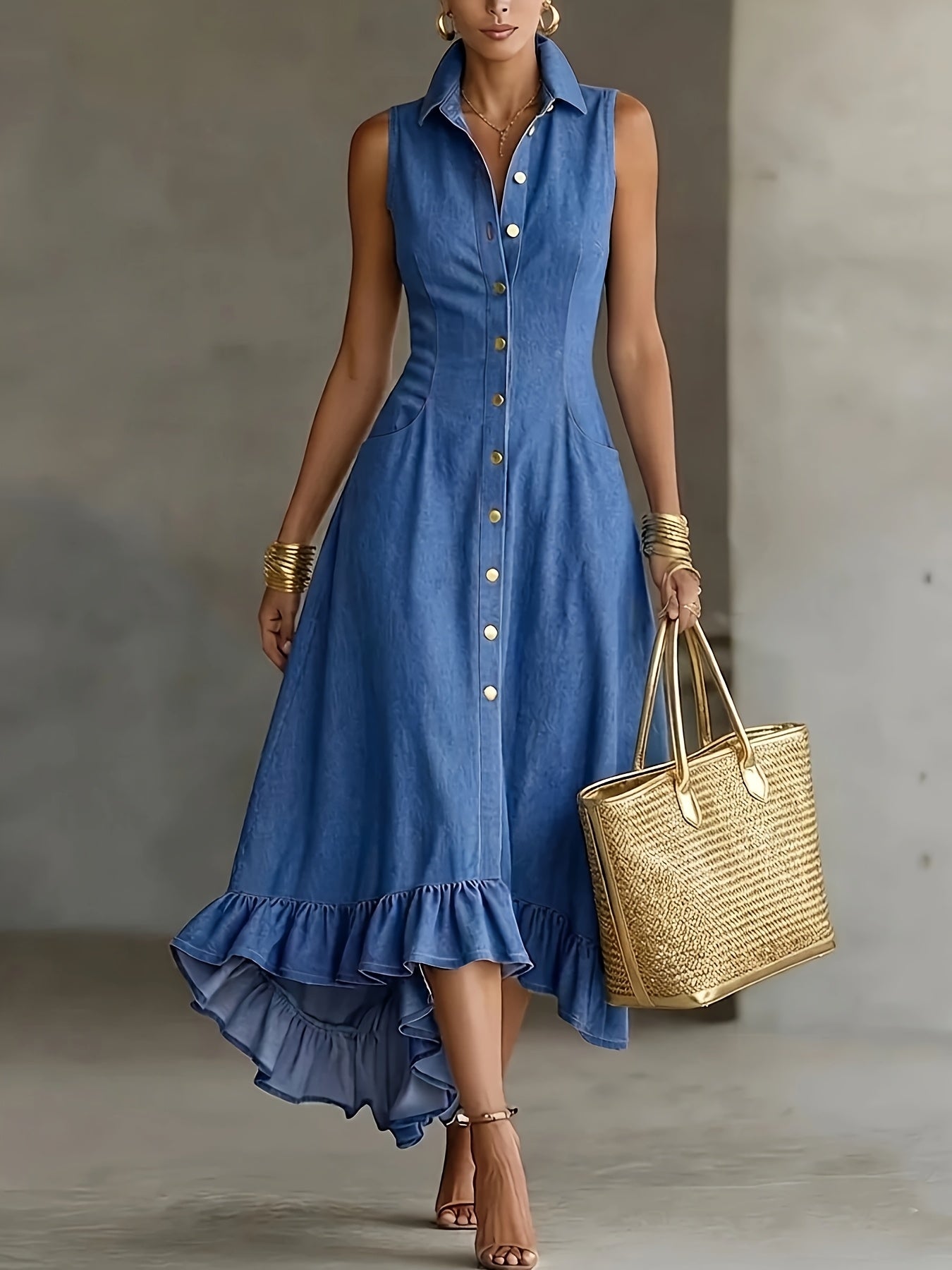 Hollis | Denim-Look Lapel Button-Up Midi Dress