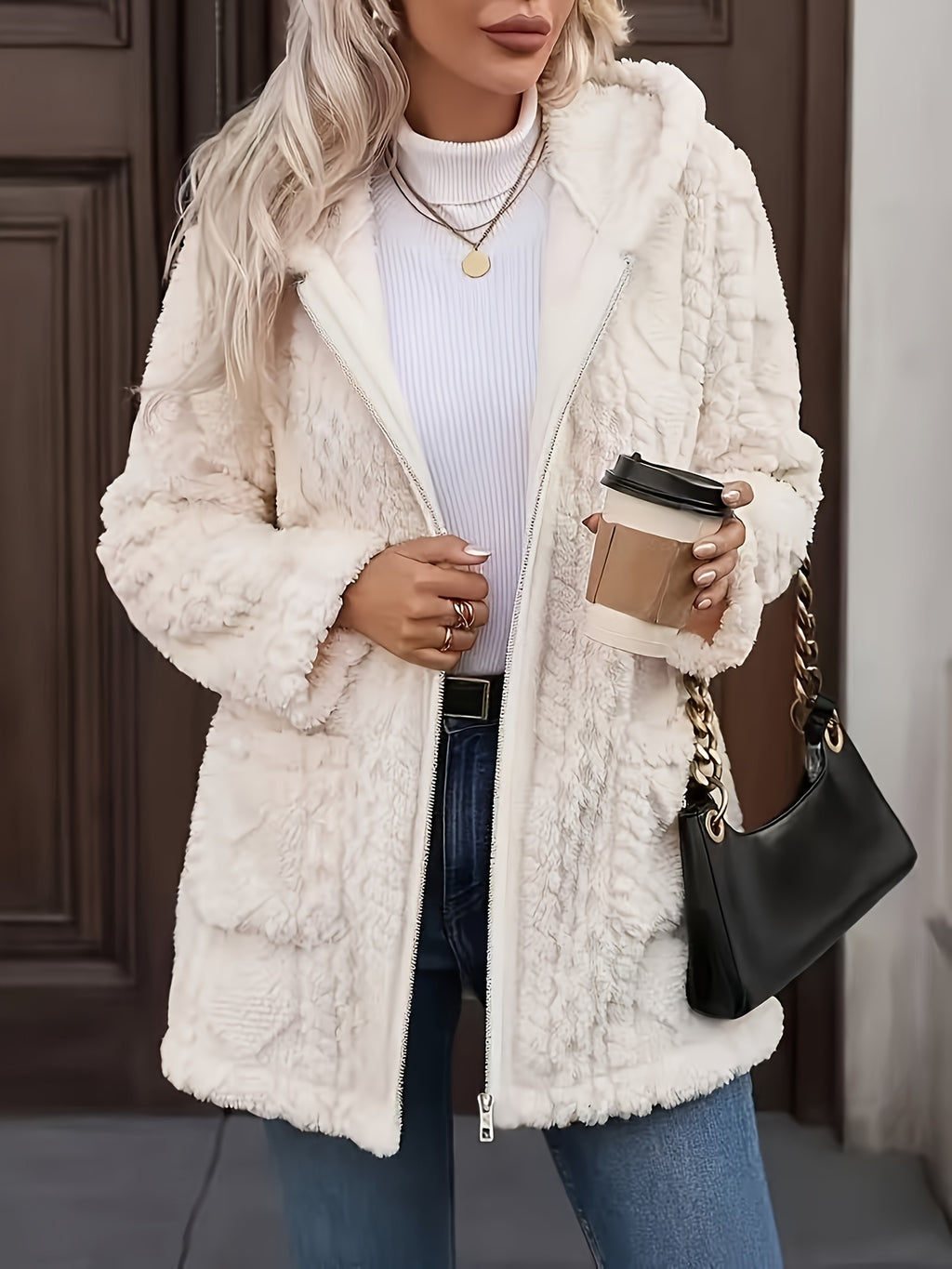 Hazel | Plush Zip Up Hooded Mid Length Coat - view 5