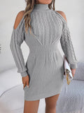 Cold shoulder cable knit turtleneck sweater dress in mini length - view 3