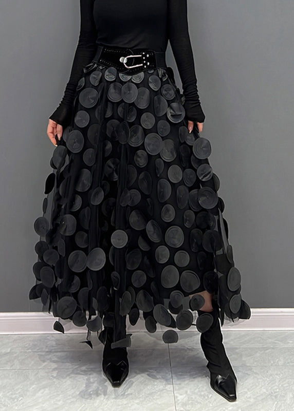 Tulle midi skirt with raised 3D dot appliqués and uneven hem