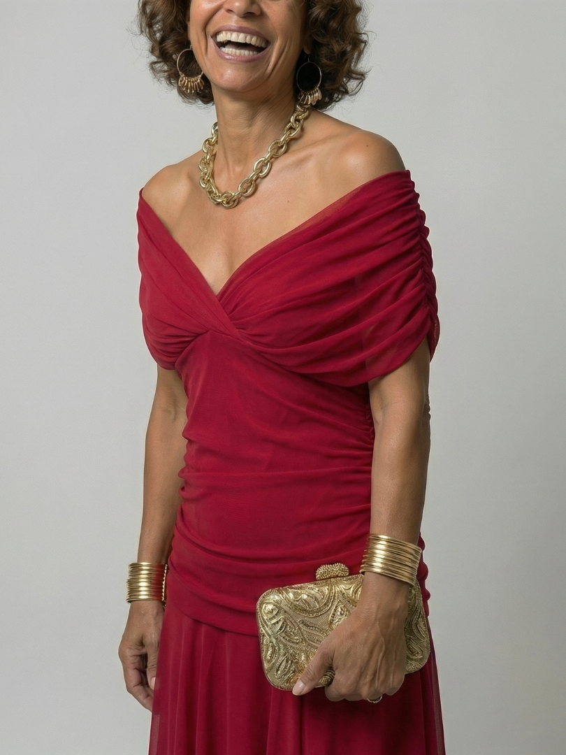 Woman wearing a purple watercolor floral mesh maxi dress with draped crossover neckline and ruched waist - view 11