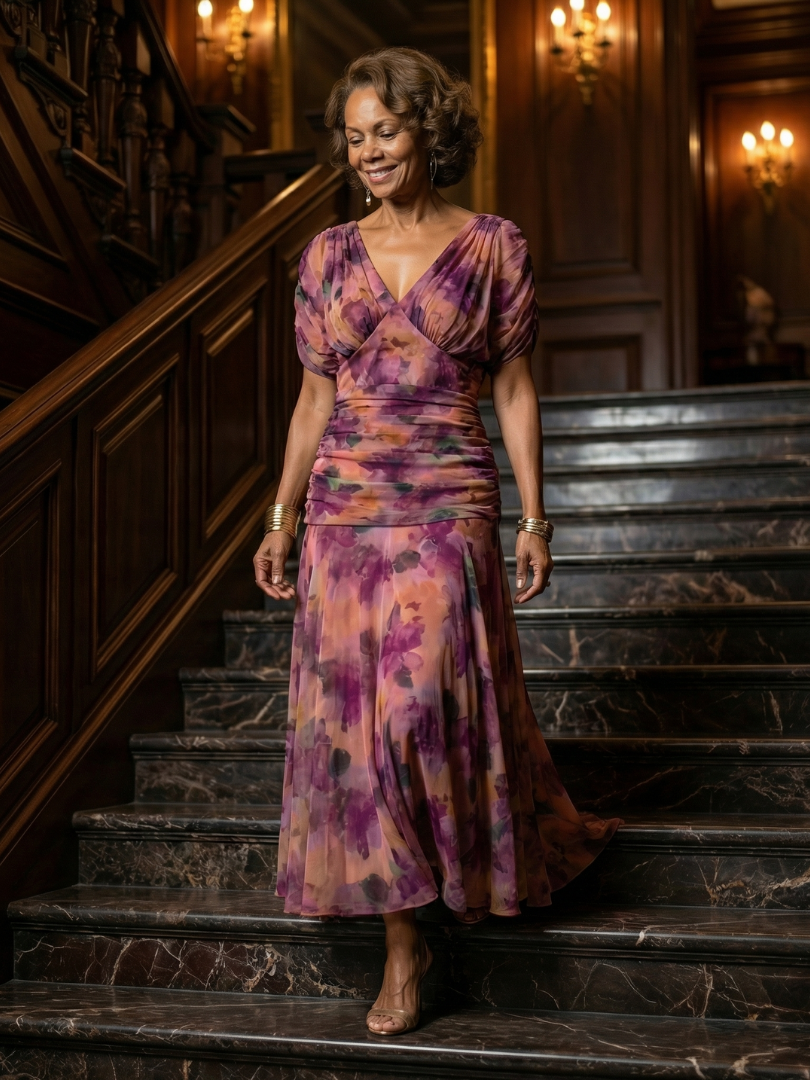 Woman wearing a purple watercolor floral mesh maxi dress with draped crossover neckline and ruched waist - view 18